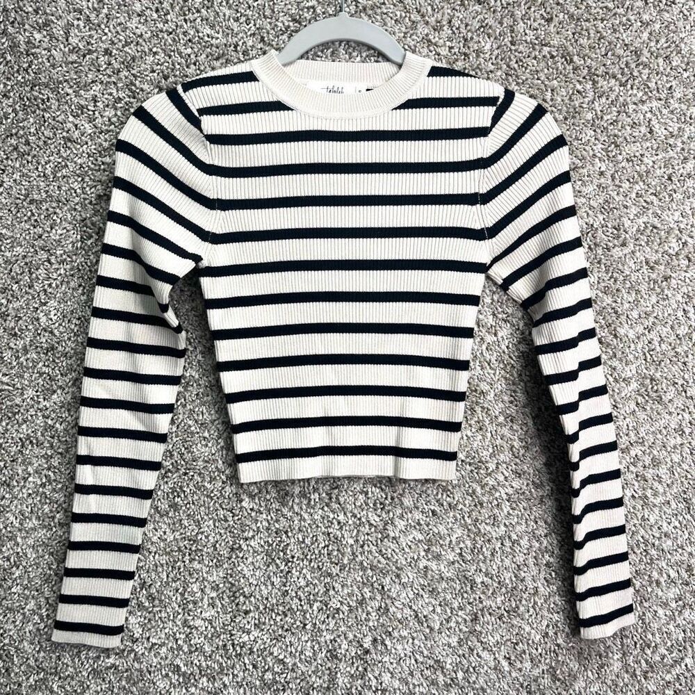 Talulah Crop Top Women’s Small Lacy Ribbed Ivory & Black Striped Long Sleeve Cro